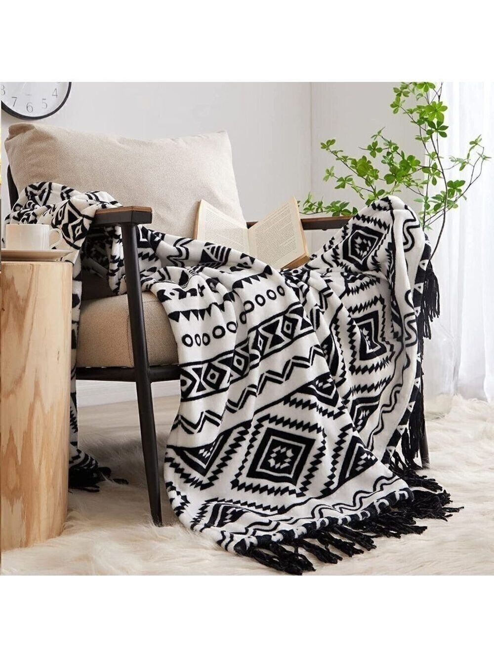 𝅺cozy Boho Tassel Black Throw Blanket Aztec Ultra Soft Bohemian Thick Fleece NWT
